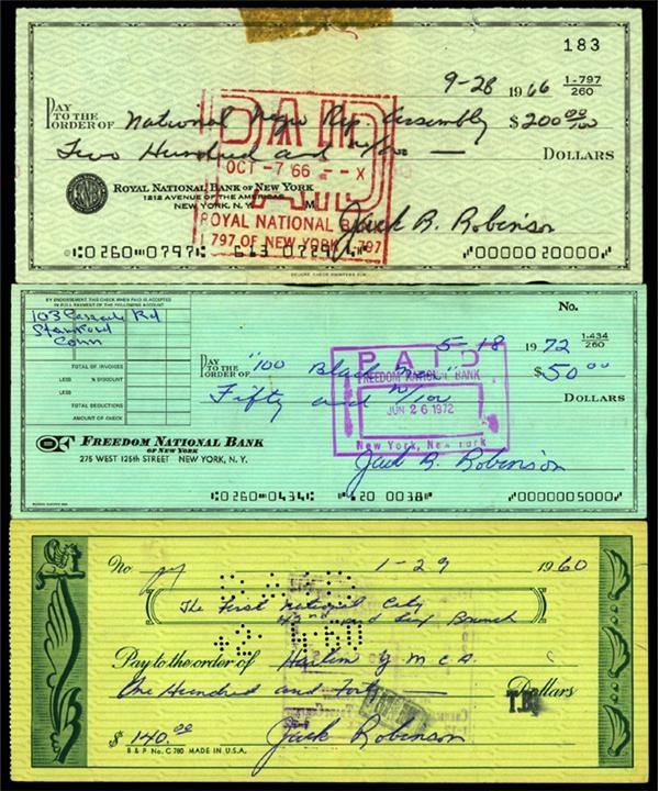 - Jackie Robinson Signed Checks to African American Organizations (3)