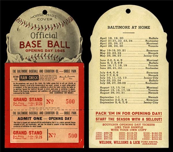 Baltimore Orioles - 1945 Baltimore Orioles Opening Day Ticket