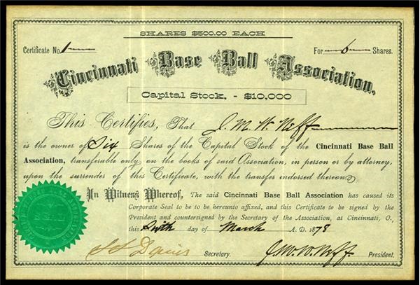 Pete Rose & Cincinnati Reds - 1878 Cincinnati Red Stockings Baseball Association Stock Certificate