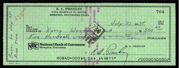 Elvis Presley Signed Check to Kathy Westmoreland