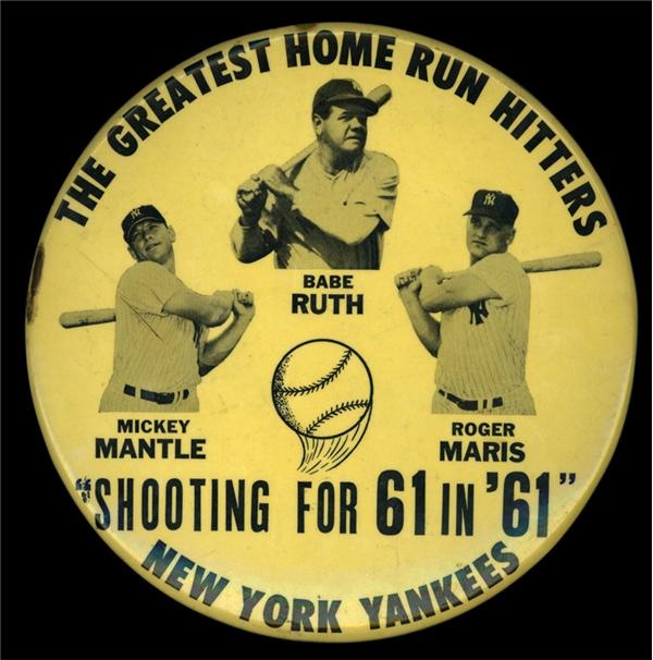 Giant 1961 Mantle, Maris & Ruth Celluloid Pin (6”)