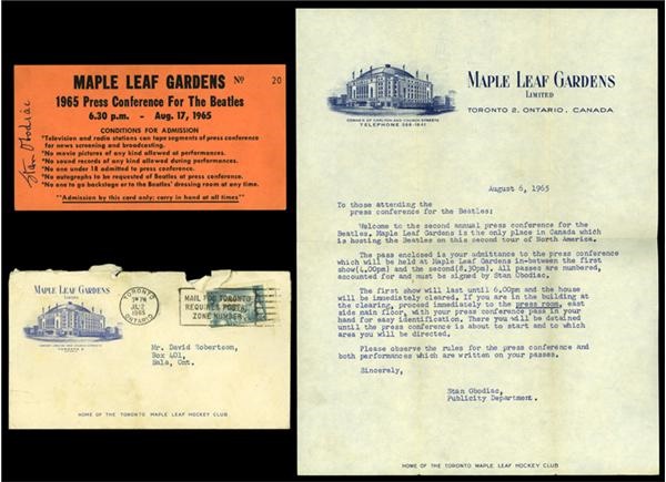The Beatles - Beatles Maple Leaf Gardens 1965 Press Conference Pass & Letter