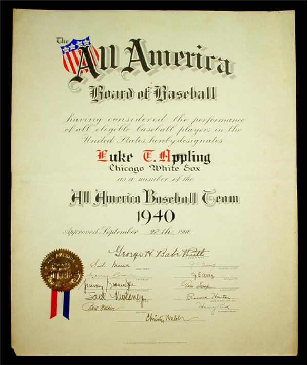 Luke Appling - Babe Ruth Signed 1940 Board of Baseball Certificate
