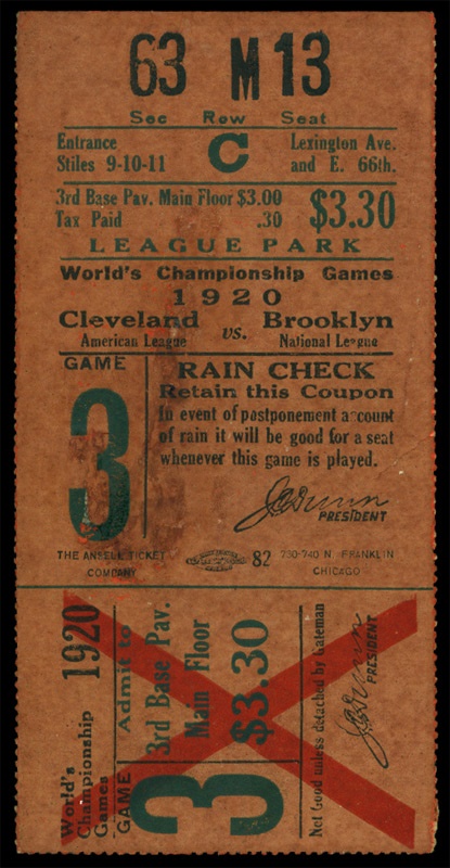 Tickets, Publications & Pins - 1920 World Series Game Three Ticket