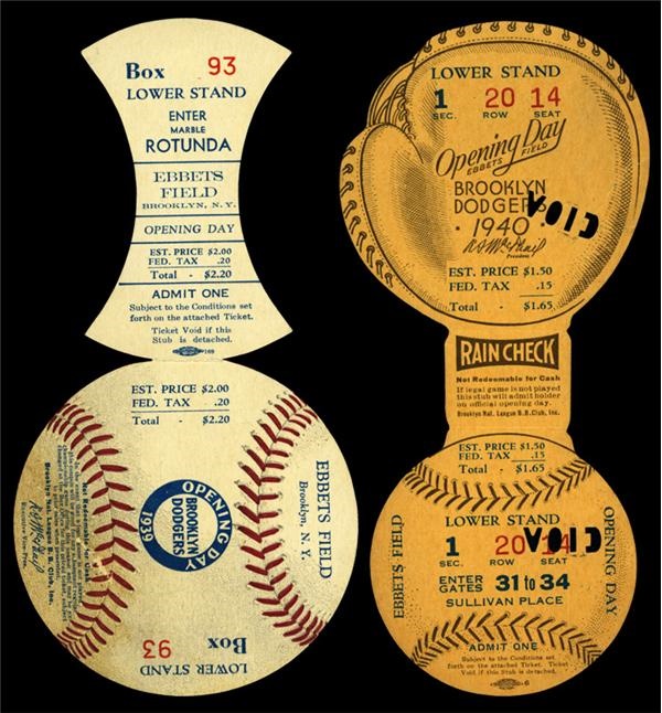 1939 & 1940 Brooklyn Dodger Opening Day Figural Tickets