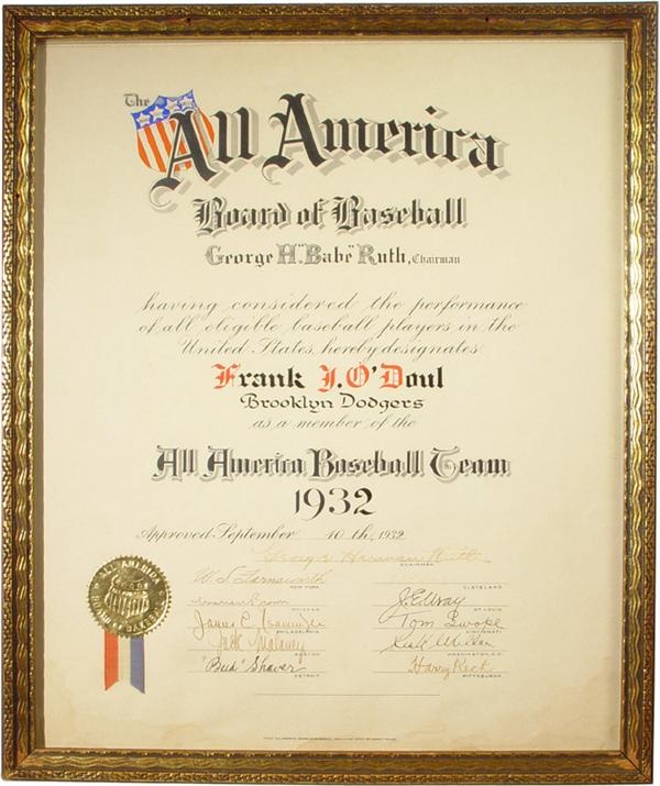 Babe Ruth - Lefty O’Doul All American Certificate Signed by Babe Ruth