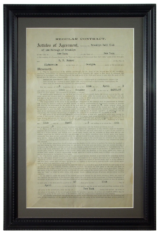 1912 Nap Rucker Brooklyn Dodgers Contract (8.5"x14")
