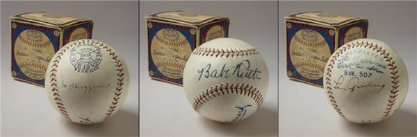 NY Yankees, Giants & Mets - BabeRuth, Lou Gehrig and Miller Huggins Signed Baseball