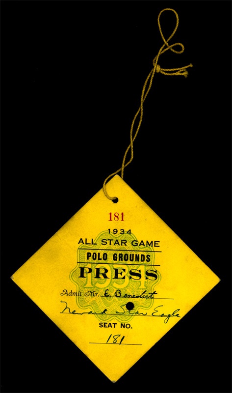 Tickets, Publications & Pins - 1934 All Star Game Press Pass