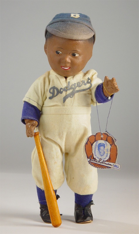 - 1950 Jackie Robinson Composition Doll with Original Tag and Bat