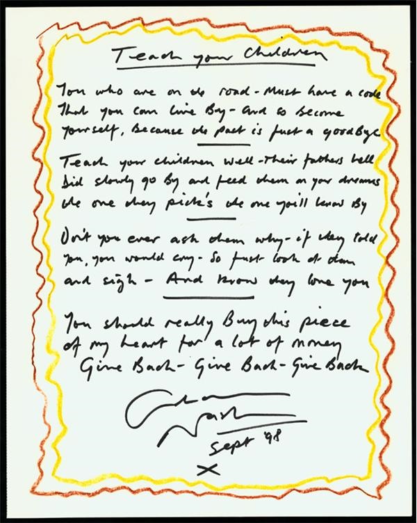 Rock Autographs - Graham Nash <i>Teach Your Children</i> Handwritten Lyric