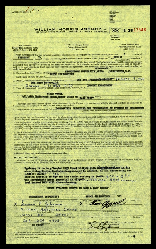 Bruce Springsteen - 1974 Bruce Springsteen Concert Contract & Born in The USA Tour File