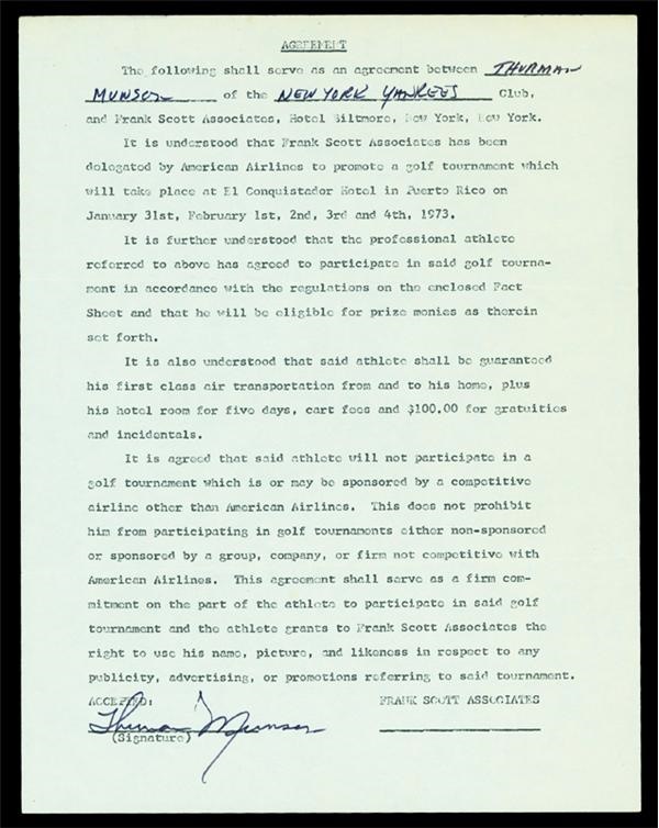 NY Yankees, Giants & Mets - 1973 Thurman Munson Signed Contract