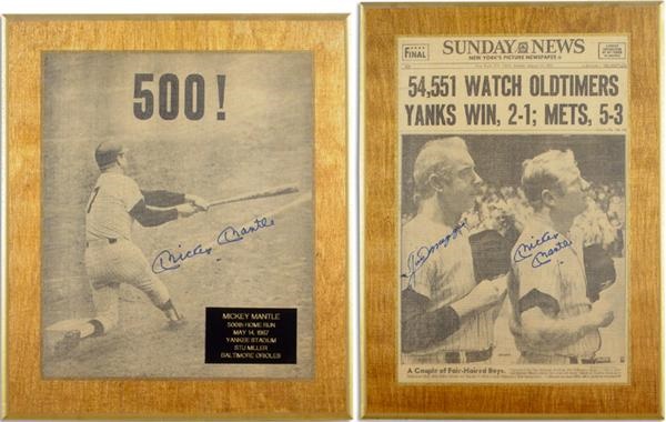 Mantle and Maris - (3) Mickey Mantle Signed Newspaper Plaques (one with DiMaggio)