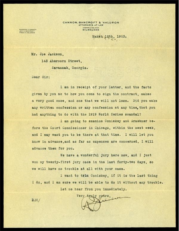 Ernie Davis - Letter to Joe Jackson from his Lawyer r.e. 1919 World Series Scandal