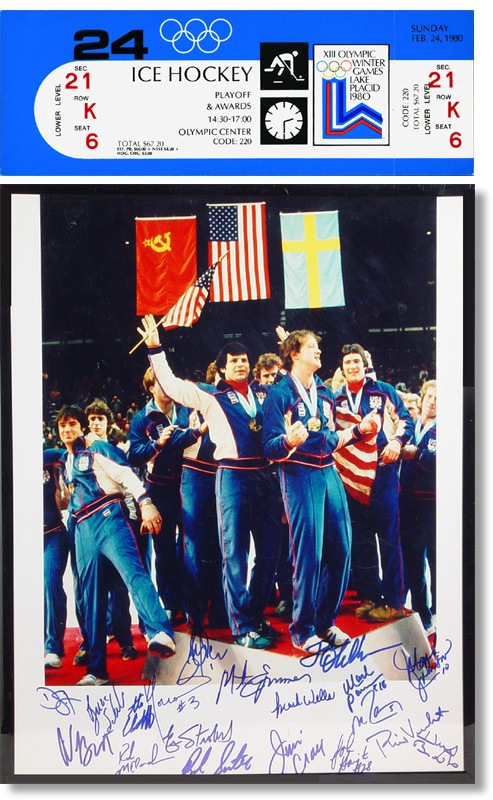 - 1980 Olympic Hockey Team Signed Celebration Photo with Brooks & Ticket