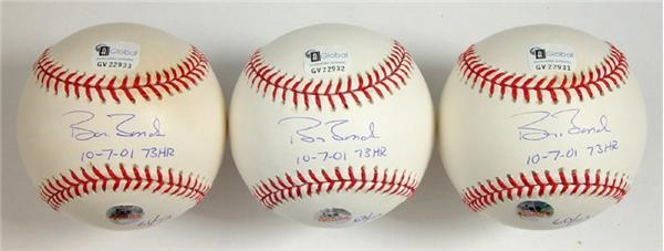 Single Signed Baseballs - Barry Bonds Specially Inscribed 73rd Home Run Signed Baseballs (3)
