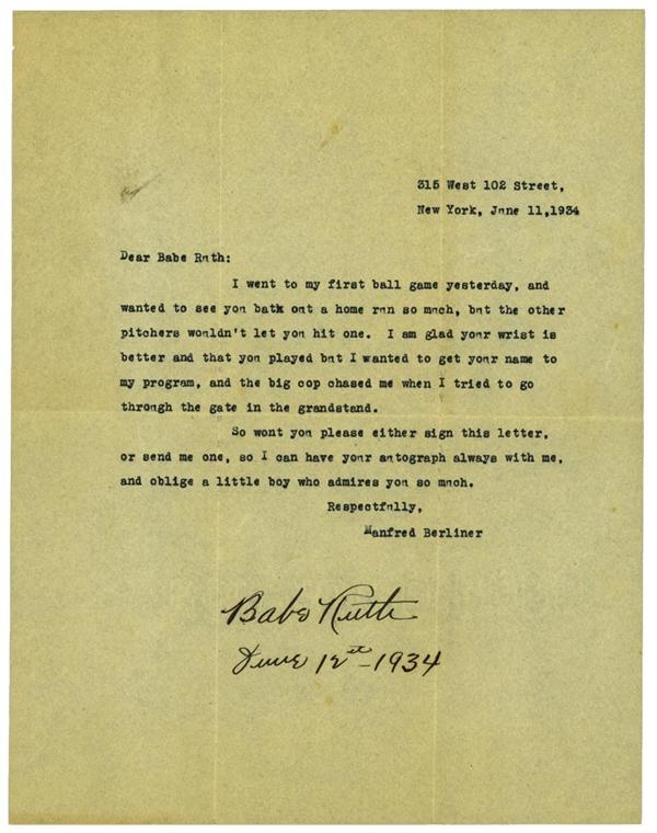Babe Ruth - 1934 Babe Ruth Signed Letter