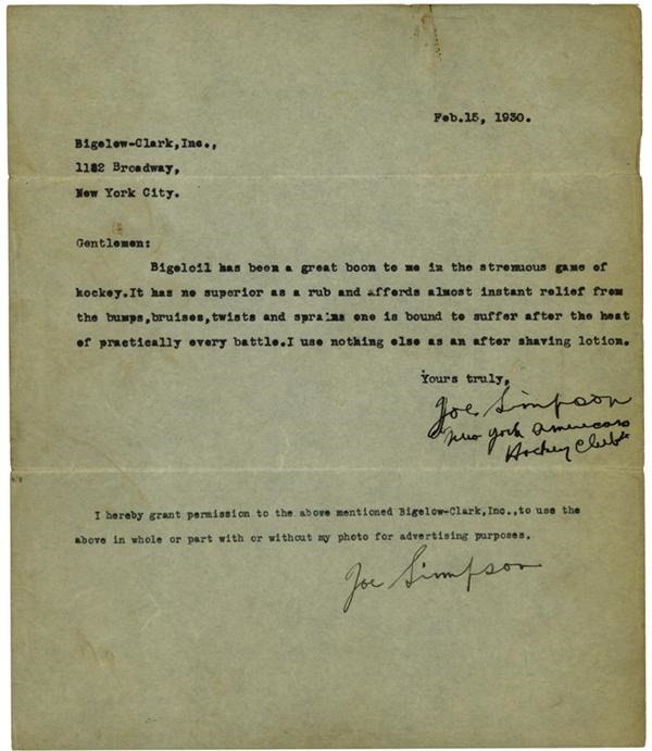Hockey Memorabilia - <b>1930 “Bullet” Joe Simpson Signed Letter - Signed Twice!</b>