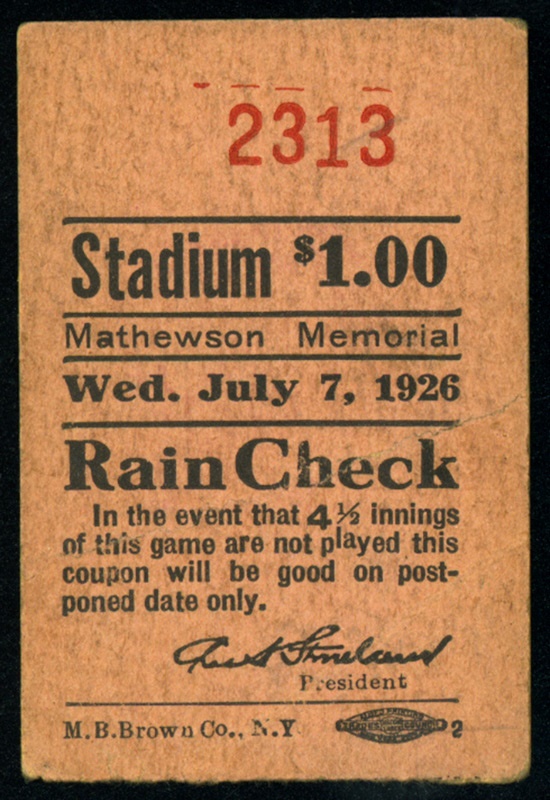 - Christy Mathewson Memorial Ticket From July 7, 1926
