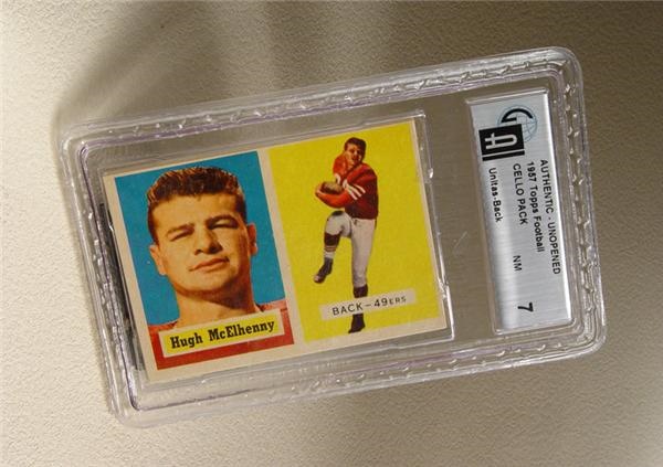 Unopened Cards - 1957 Topps Football Cello Pack with Johnny Unitas Rookie on Back GAI 7