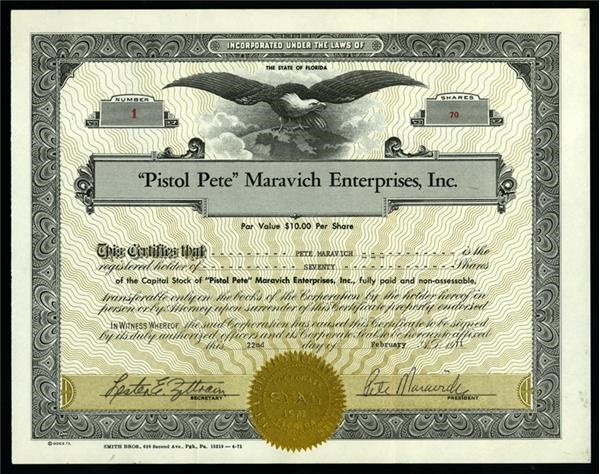 Basketball - Pete Maravich Signed Stock Certificate