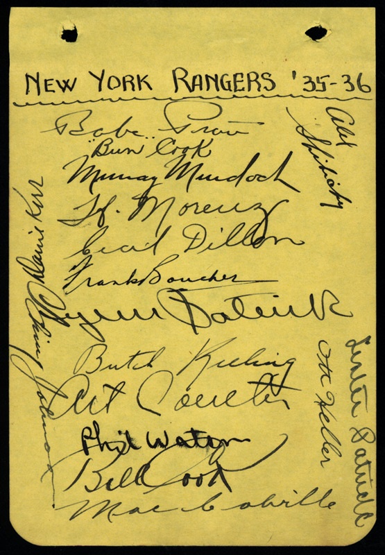 1935-1936 New York Rangers Team Signed Sheet with Howie Morenz