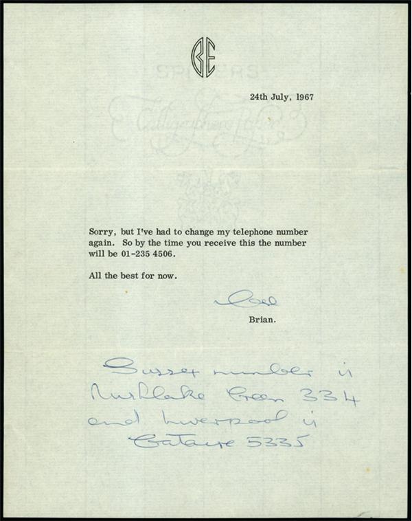 The Beatles - 7/24/67 Brian Epstein Typed Letter