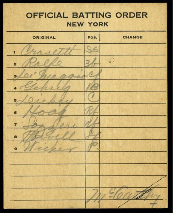 NY Yankees, Giants & Mets - 1937 New York Yankee Line Up Card