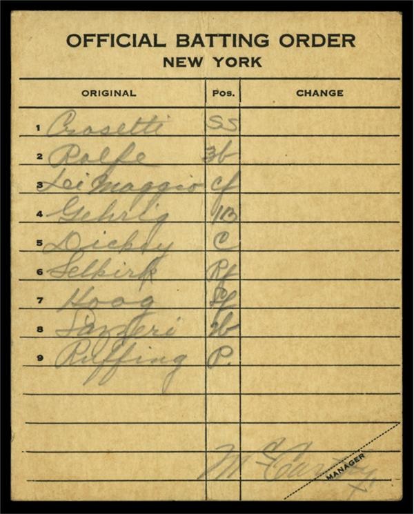 NY Yankees, Giants & Mets - 1937 New York Yankee Line Up Card