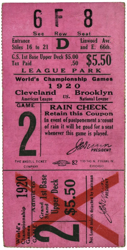 Baseball Publications and Tickets - Wamby Game 1920 World Series Ticket Stub