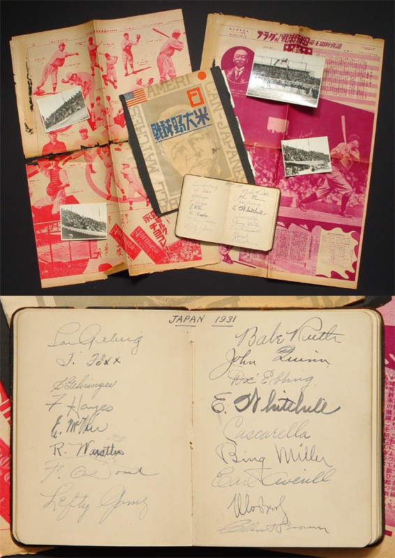 Baseball Autographs - 1934 Tour of Japan Autograph Book with Program and First Time Seen Newspaper Inserts