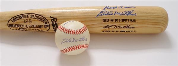 Baseball Autographs - Hank Aaron and Eddie Mathews Signed Bat and Ball.