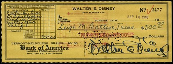 Walt Disney Signed Check to Republican Party