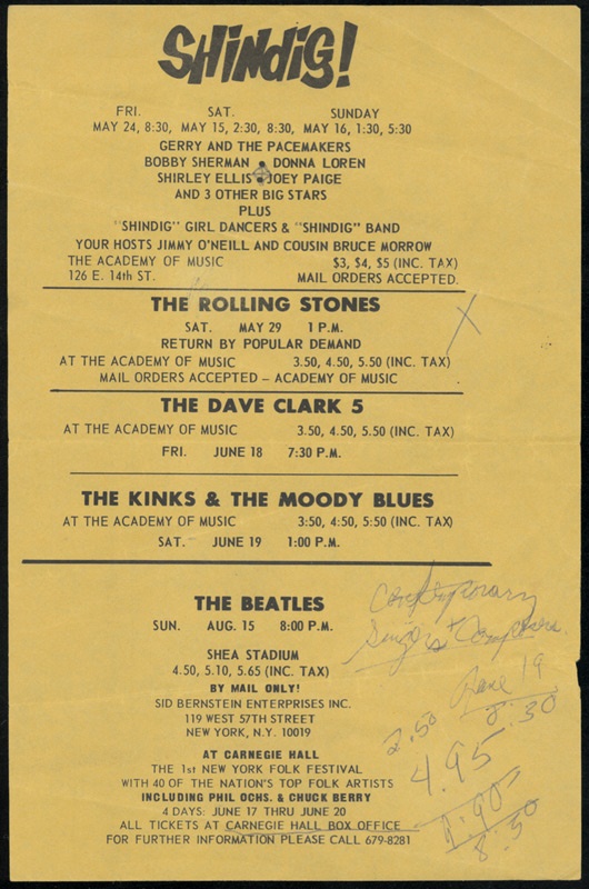 The Beatles - "Shindig!" Beatles Shea Stadium Flyer with the Rolling Stones