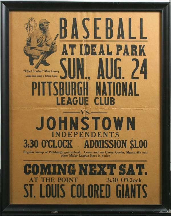 Clemente and Pittsburgh Pirates - Pittsburgh Baseball Advertising Broadside with Max Carey, 1924
