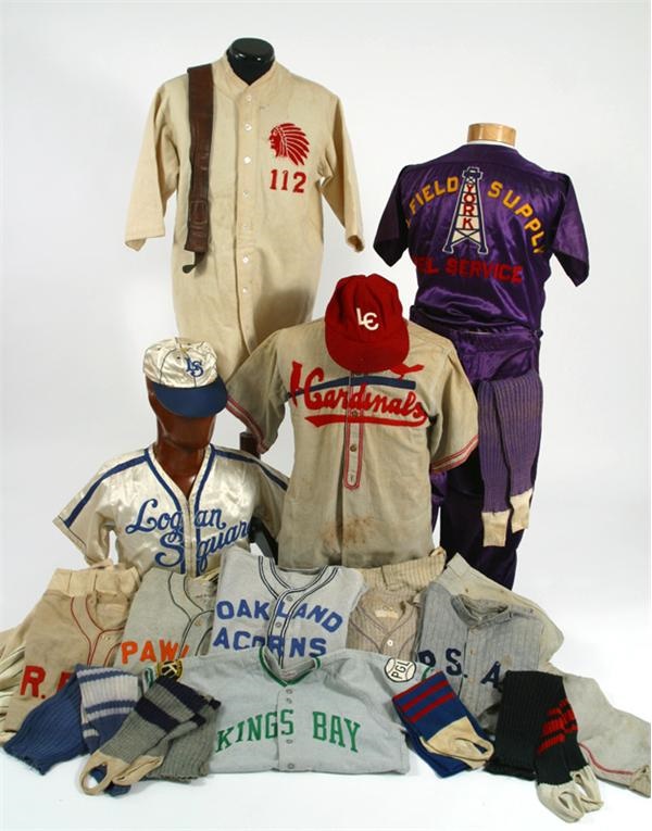 Baseball Equipment - Great Group of Vintage Flannel and Satin Baseball Uniforms and Jerseys