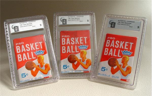 Unopened Cards - (3) 1961/62 Fleer Basketball 5 Cent Wax Packs GAI 9 Mint