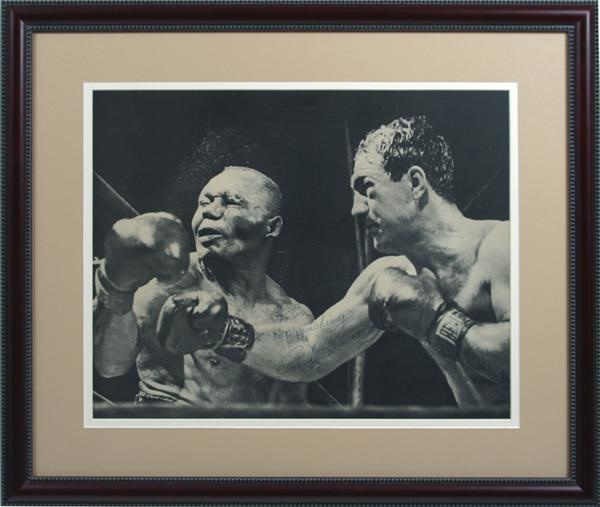 Muhammad Ali & Boxing - Rocky Marciano Vintage Signed 16"x20" Famous Image Knocking out "Jersey" Joe Walcott