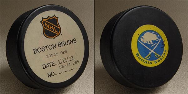 Hockey Memorabilia - 1973 Official Bobby Orr Goal Puck Assisted by Jacques Plante - Video Documented!