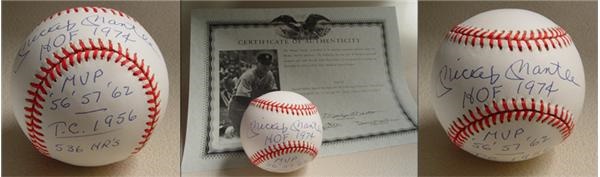 Mickey Mantle Signed Statistics Baseball from Mantle Auction
