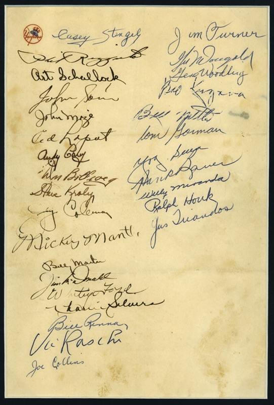 1953 New York Yankees Signed Team Sheet