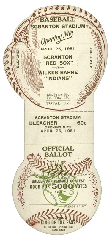 Baseball Publications and Tickets - 1951 Scranton Red Sox vs. Wilkes-Barre Indians Figural Ticket