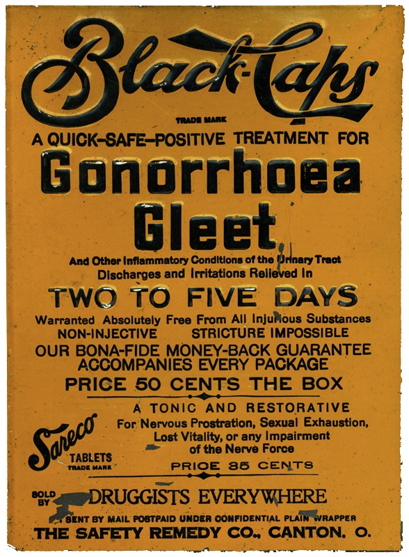 Erotica - 1900s Black-Caps "Gonorrhoea" Tin Advertising Sign