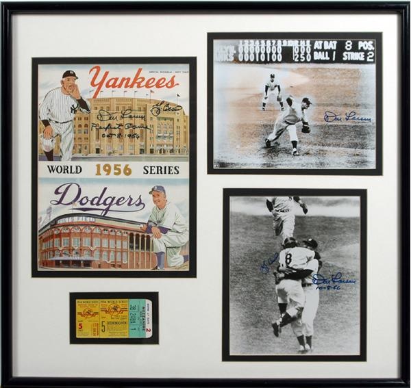 NY Yankees, Giants & Mets - Don Larsen Autographed Program Ticket and Two Signed Photo Display