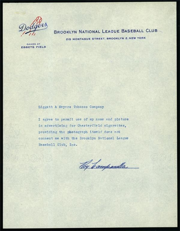 Dodgers - Roy Campanella Signed Chesterfield Contract
