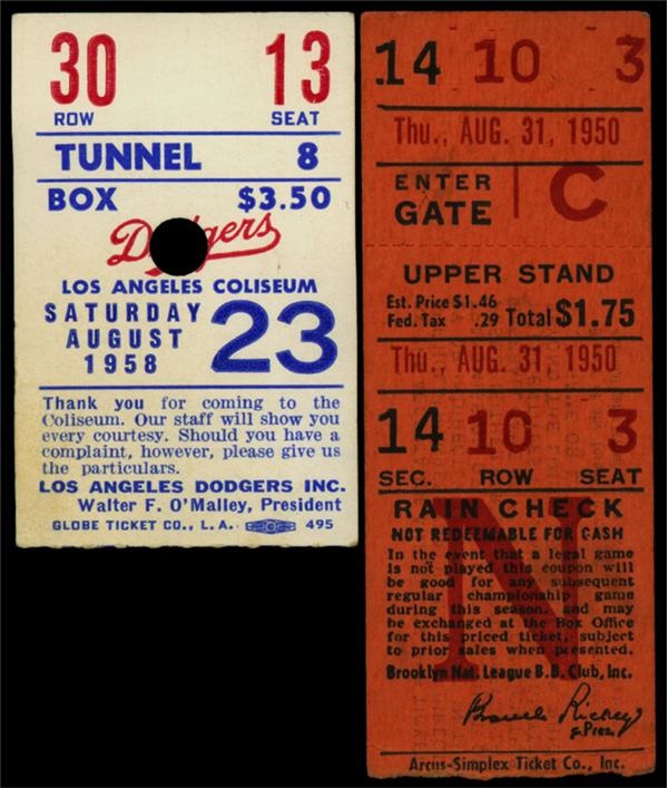 Dodgers - Two Important Gil Hodges Milestone Game Ticket Stubs