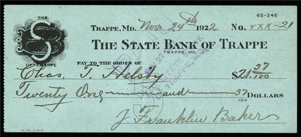 Baseball Autographs - Frank "Homerun" Baker Signed Bank Check