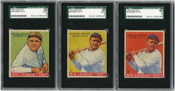Baseball and Trading Cards - 1933 Goudey Low to Mid Grade Collection with 3 Babe Ruth Cards (219)
