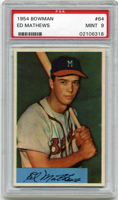Baseball and Trading Cards - 1954 Bowman #64 Eddie Mathews PSA 9
